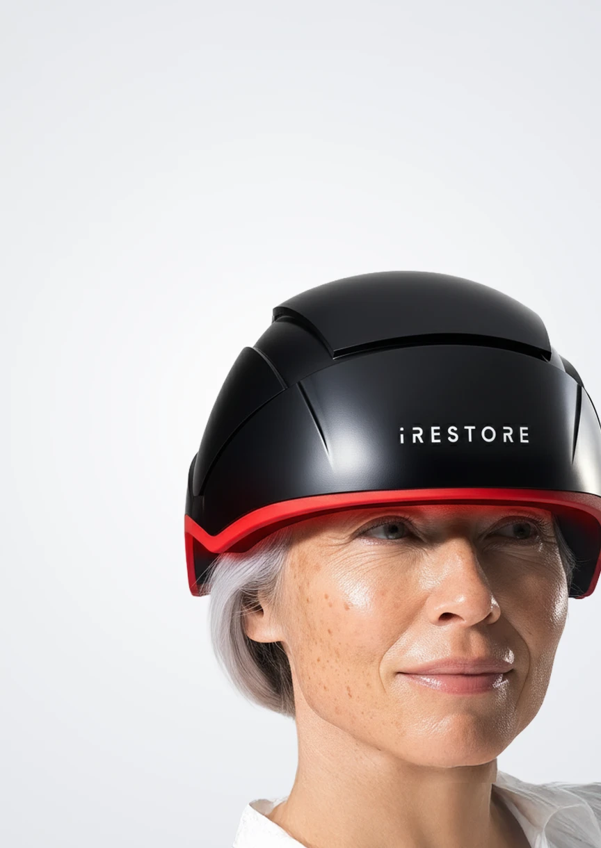 Woman wearing an iRESTORE Elite on a light gray background
