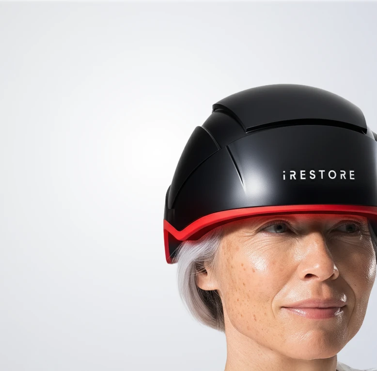 Woman wearing an iRESTORE Elite on a light gray background