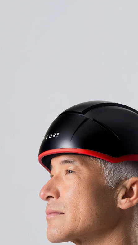 Person wearing an iRESTORE Elite on a light gray background