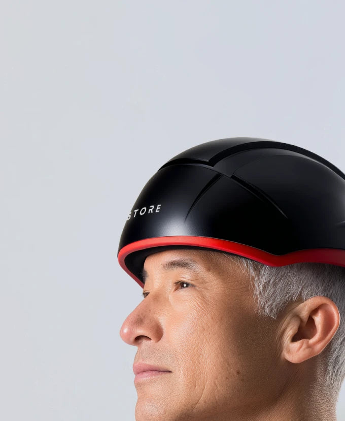 Person wearing an iRESTORE Elite on a light gray background