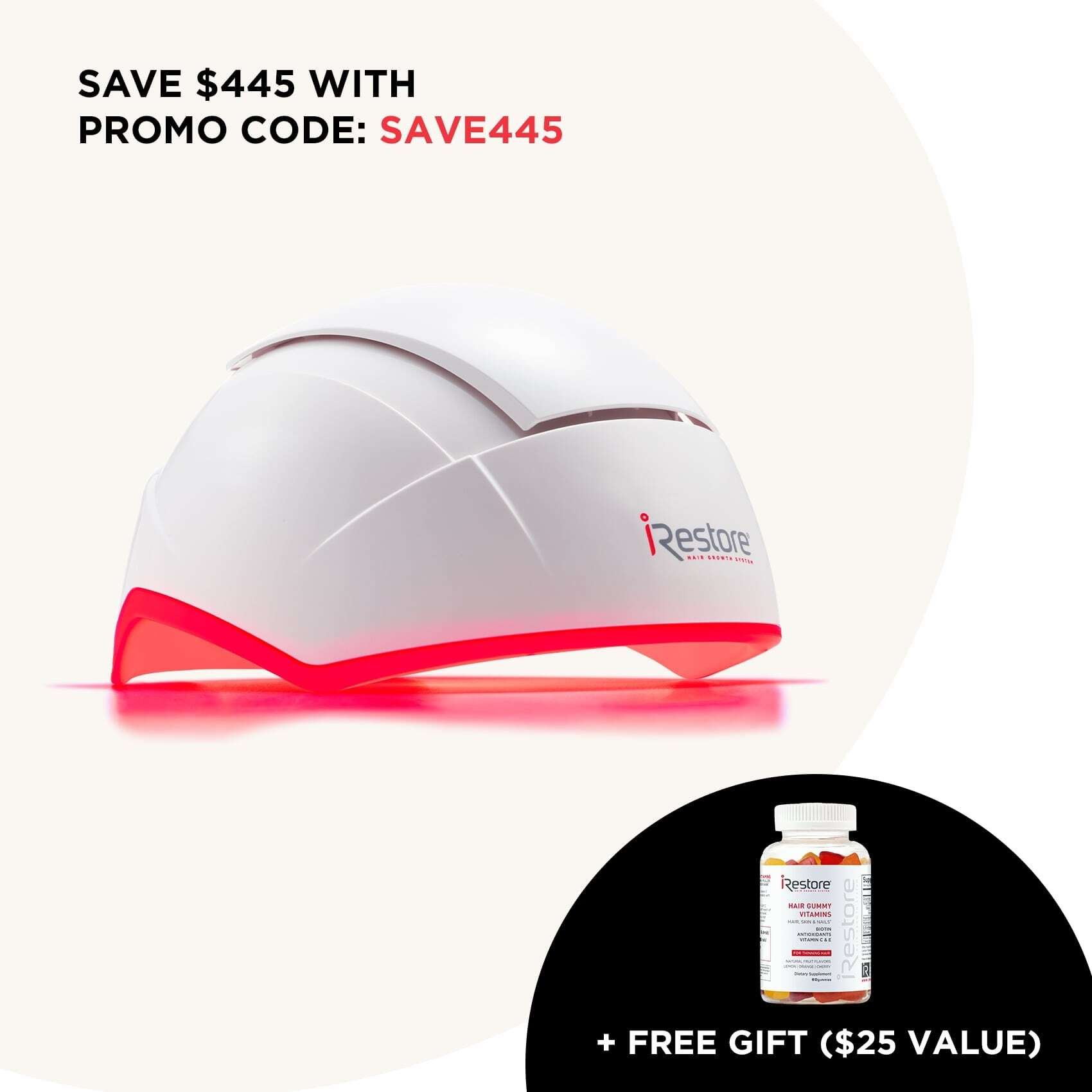 Save $445 with promo code: Save445. Essential device with Hair gummies on bottom right. +free gift ($25 value)