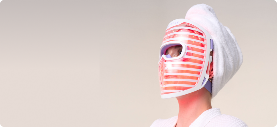 Close up image of a woman wearing the Illumina Face Mask.