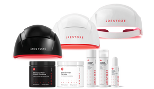 Image of the Elite, Professional and Essential helmet device in front view angle. below are image of advanced hair growth formula, hair growth formula, thickening duo, and growth activator serum