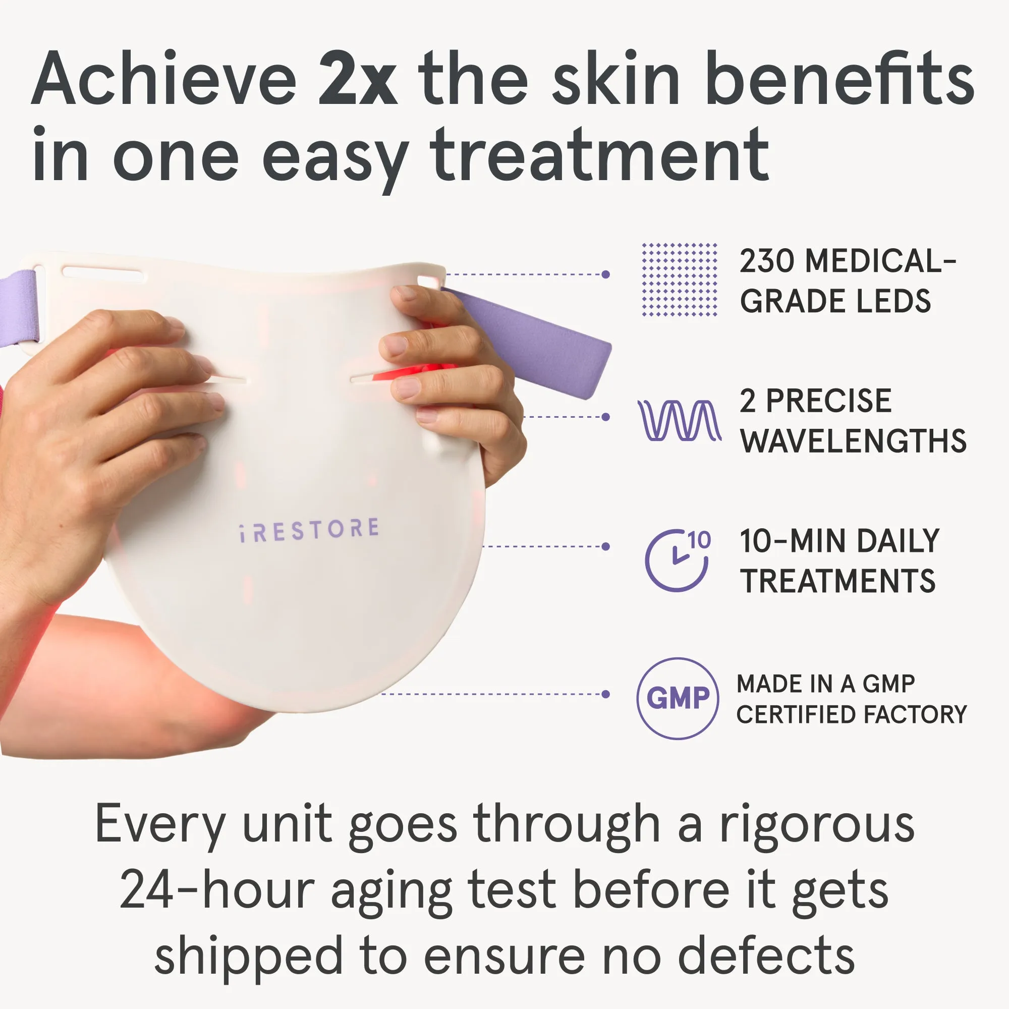 Achieve 2 times the skin benefits in one easy treatment with the iRESTORE LED neck and chest mask featuring 230 Medical-Grade LEDs, 2 Precise Wavelengths, 10-Min Daily Treatments., Made in a GMP certified factory. Every unit goes through a rigorous 24 hour aging test before it gets shipped to ensure no defects
