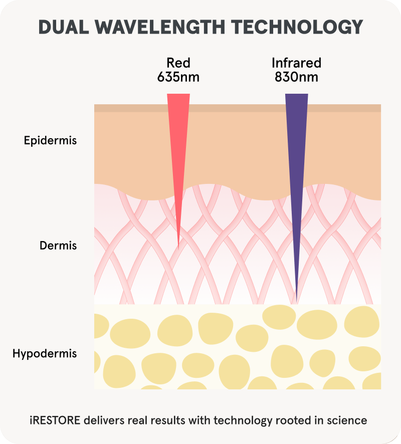 Illustration of Dual Wavelength Technology. Red light penetrates the dermis, and Infrared penetrates the hypodermis