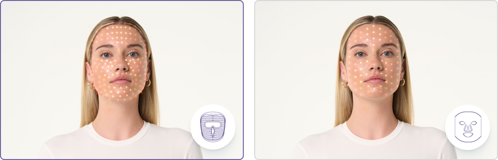 Comparison of two LED face masks highlighting number of LEDs:  the left image shows a woman's face with more LED lights projected to the face, while the right image shows woman's face with lesser LED lights projected to the face.