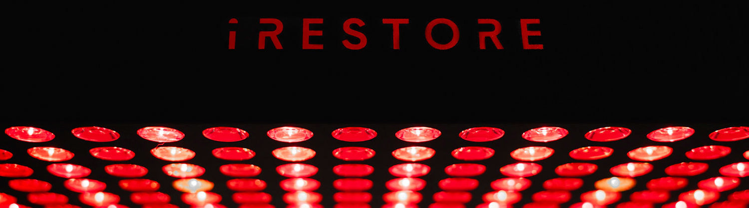 Red LED lights with 'iRESTORE' text on a black background