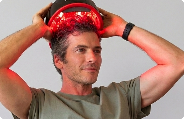 Man holding the irestore elite device on top of his head