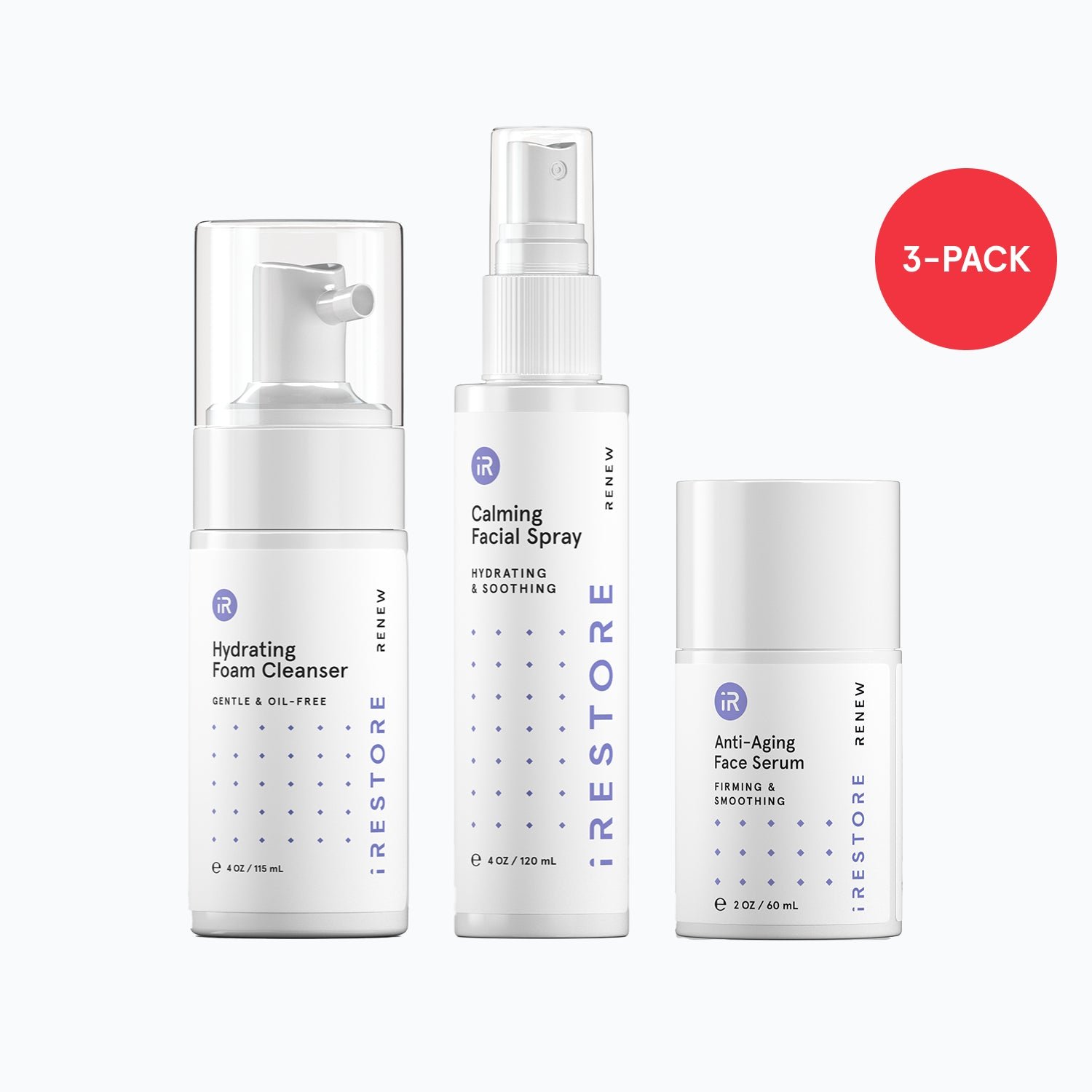 3-pack of red light essentials kit: Hydrating foam cleanser, Calming Facial Spray, and Anti-aging face serum placed beside each other