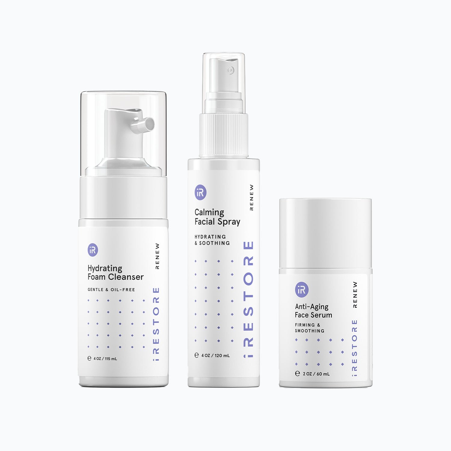 Image of the Red Light Essentials Kit which includes the Hydrating Foam Cleanser, Calming Facial Spray and Anti-Aging Face Serum.
