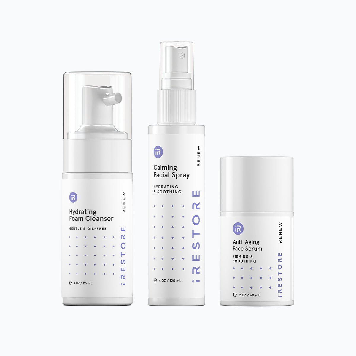Image of the Red Light Essentials Kit which includes the Hydrating Foam Cleanser, Calming Facial Spray and Anti-Aging Face Serum.