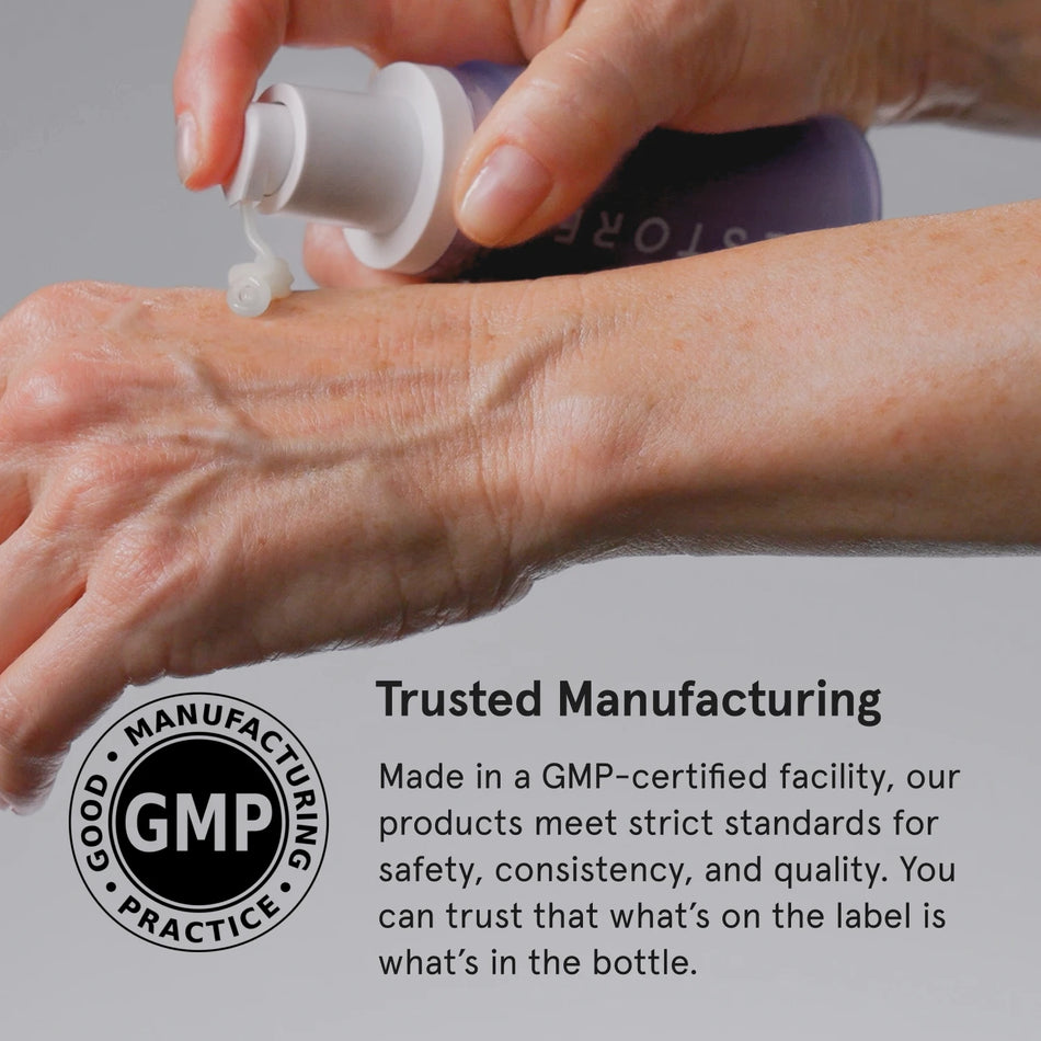 Hand applying Advanced Retinol Serum to back of hand with GMP certification logo and text.