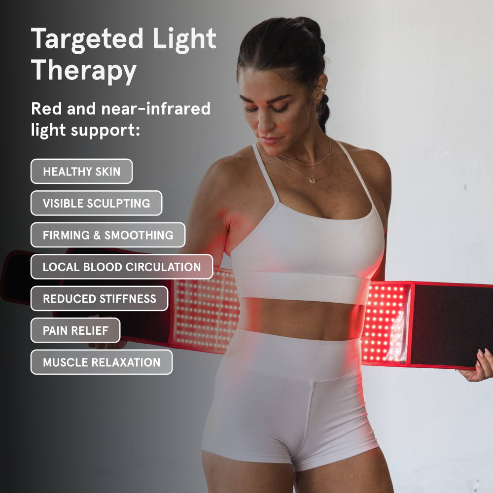 "Targeted Light Therapy" featuring a woman in white athletic wear wrapping the glowing red Sculpt Belt around her waist. A list of benefits for red and near-infrared light support includes healthy skin, visible sculpting, firming & smoothing, local blood circulation, reduced stiffness, pain relief, and muscle relaxation.