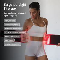 "Targeted Light Therapy" featuring a woman in white athletic wear wrapping the glowing red Sculpt Belt around her waist. A list of benefits for red and near-infrared light support includes healthy skin, visible sculpting, firming & smoothing, local blood circulation, reduced stiffness, pain relief, and muscle relaxation.