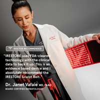 Dr. Janet Vafaie, MD, FAAD, a board-certified dermatologist, holding a glowing red iRESTORE Sculpt Belt. A "Doctor Recommended" badge overlays her quote: "iRESTORE uses FDA-cleared technology with the clinical data to back it up. This is an evidence based device and I absolutely recommend the iRESTORE Sculpt Belt."