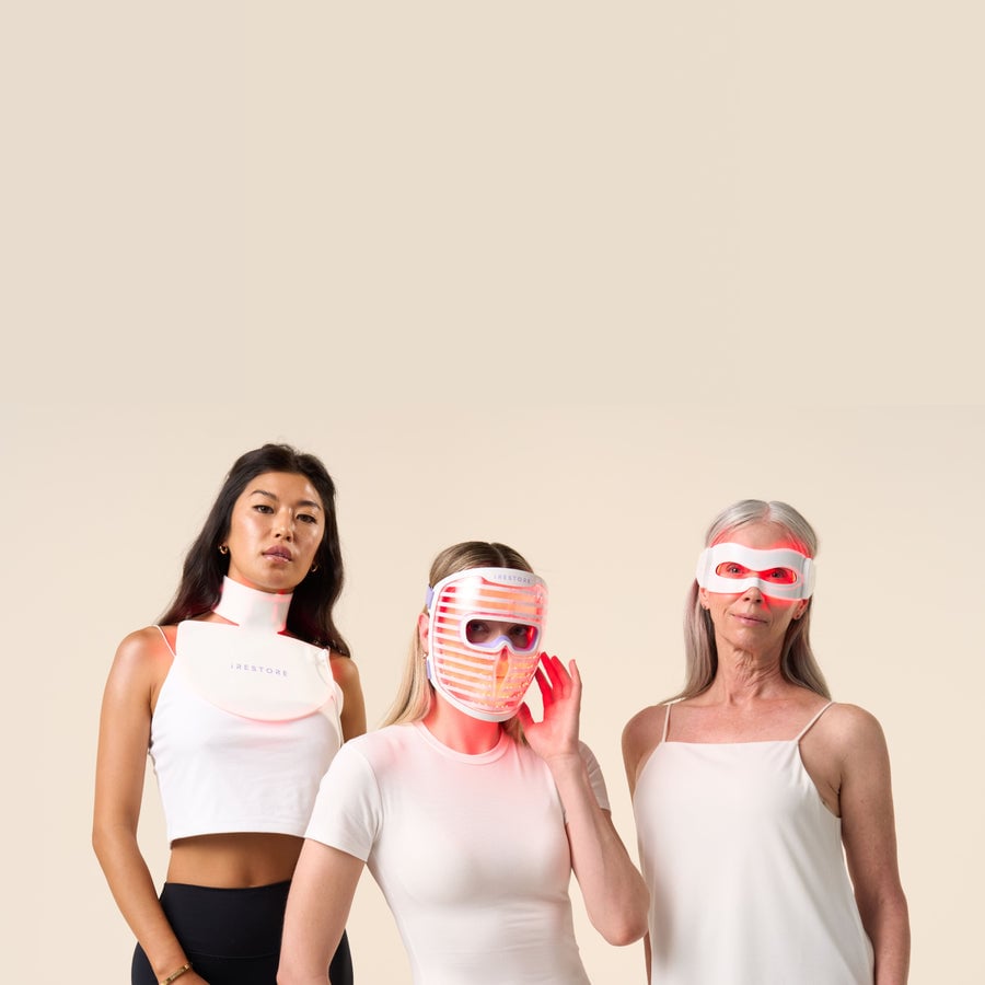 Woman wearing LED neck and chest mask beside woman wearing LED face mask beside woman wearing LED eye mask