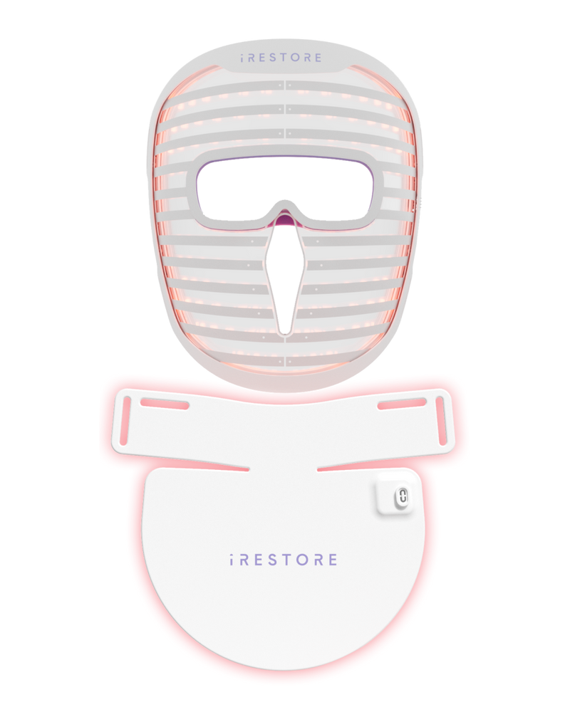 iRESTORE LED face mask on top of iRESTORE LED neck and chest mask