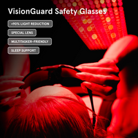A person wearing Apex VisionGuard protective goggles while lying under a red light therapy panel. Text labels highlight features like UV400 protection, comfort, and shatterproof design.