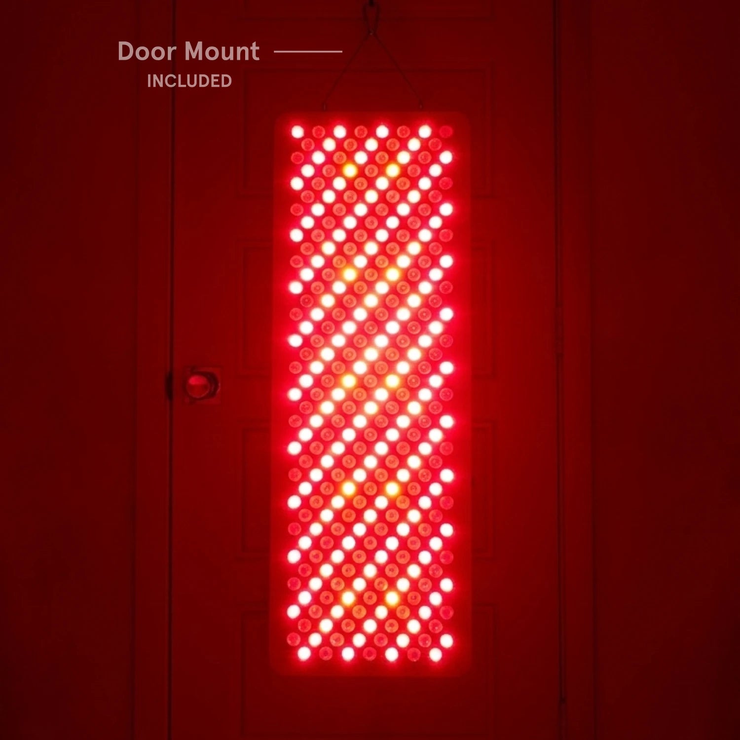 Apex body panel glowing with red and orange LEDs, hanging on a door. Text in the upper left corner indicates "Door Mount INCLUDED."