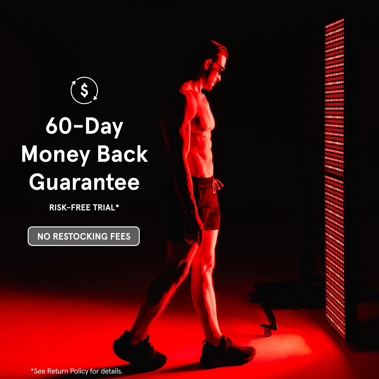 Man standing in front of glowing apex body panel. White text to the left says "60-Day Money Back Guarantee," a "RISK-FREE TRIAL," and "NO RESTOCKING FEES."