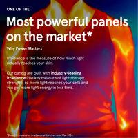 Promotional graphic featuring a thermal heat map of a person's torso. Large white text reads "Most powerful panels on the market*" and explains the importance of industry-leading irradiance, ensuring more light energy reaches cells in less time.