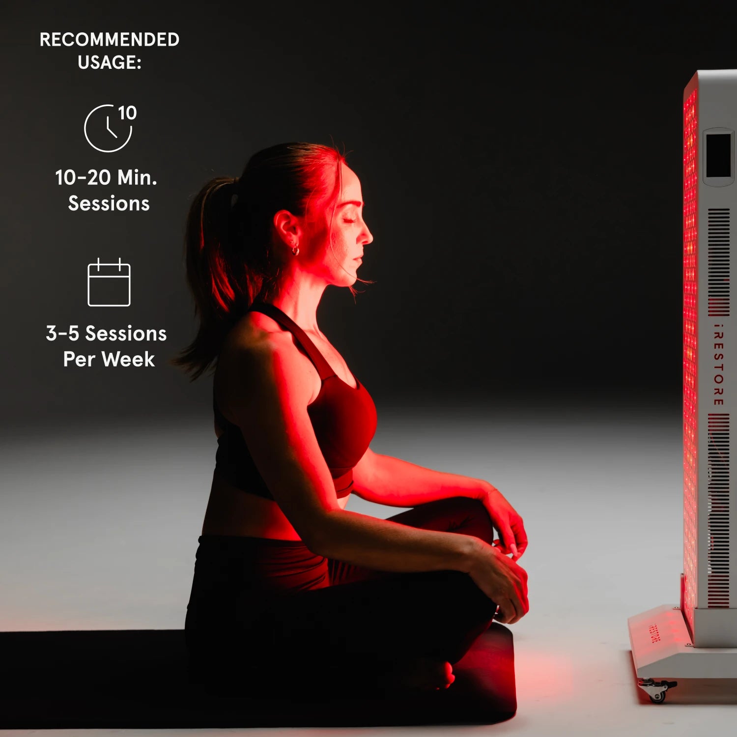 A woman sits in a meditative pose in front of a tall iRESTORE red light therapy panel. To her left, text outlines "RECOMMENDED USAGE" of 10-20 minute sessions, 3-5 times per week.