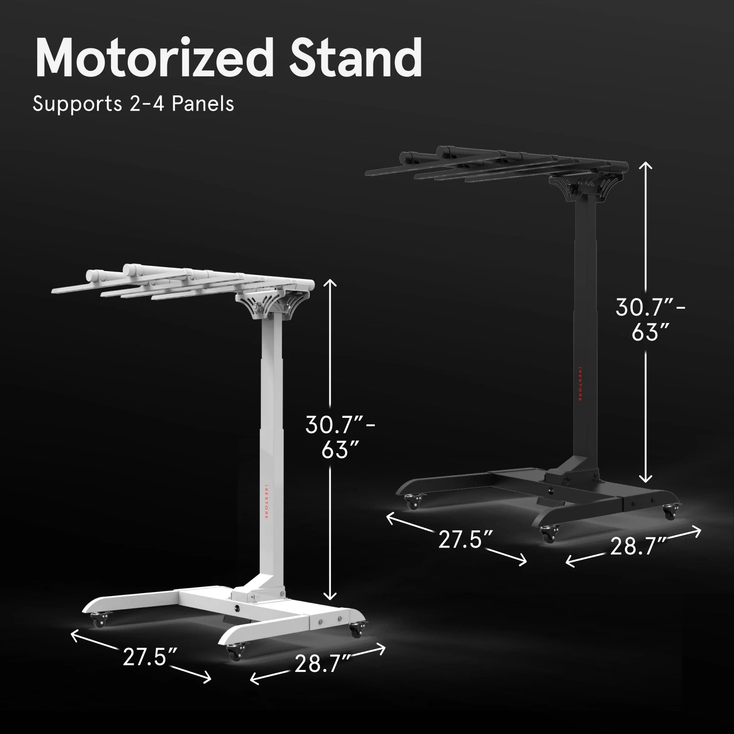 Motorized stand with dimensions labeled on a black background