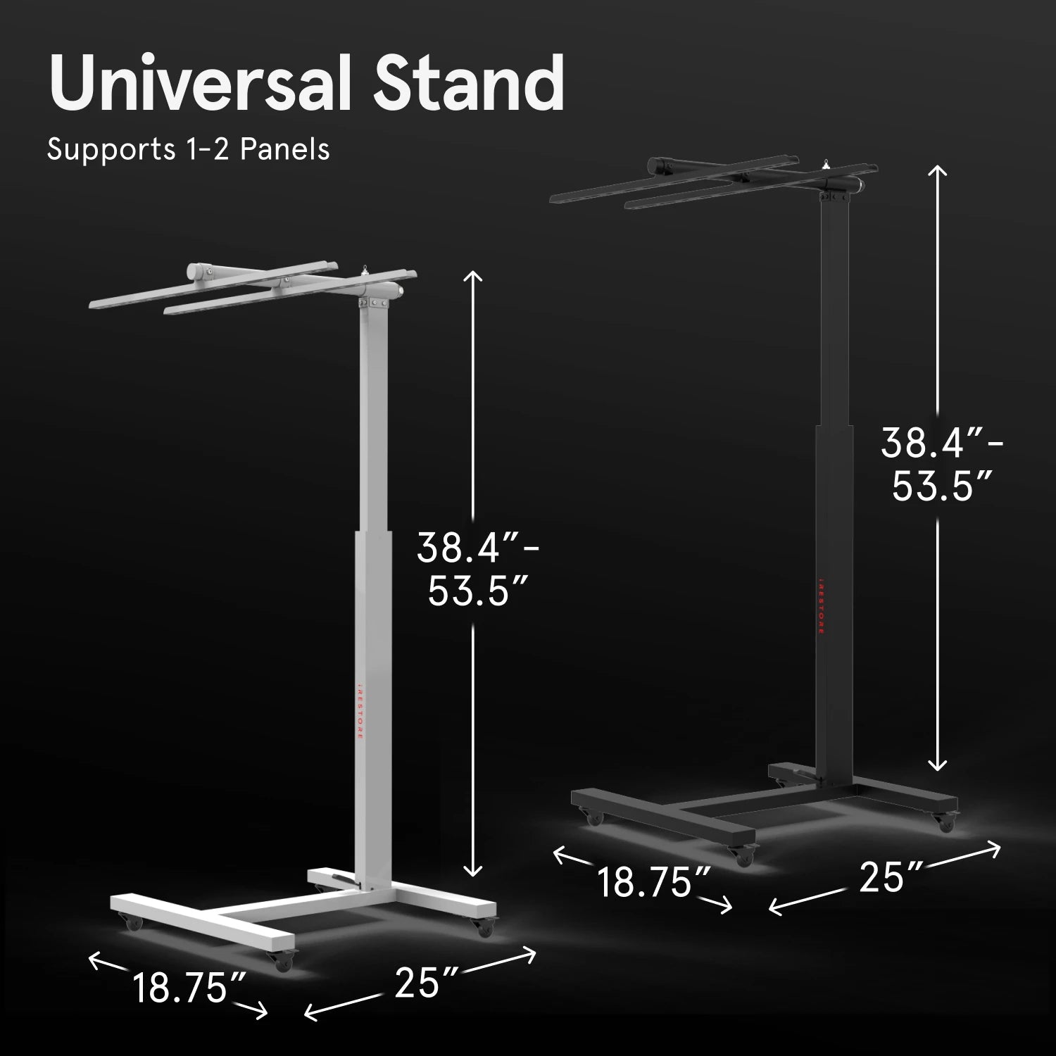 Universal stand with dimensions labeled on a black background