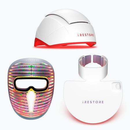 iRESTORE Professional Laser Bundle: Elite device, Laser face mask pro, and LED neck and chest mask