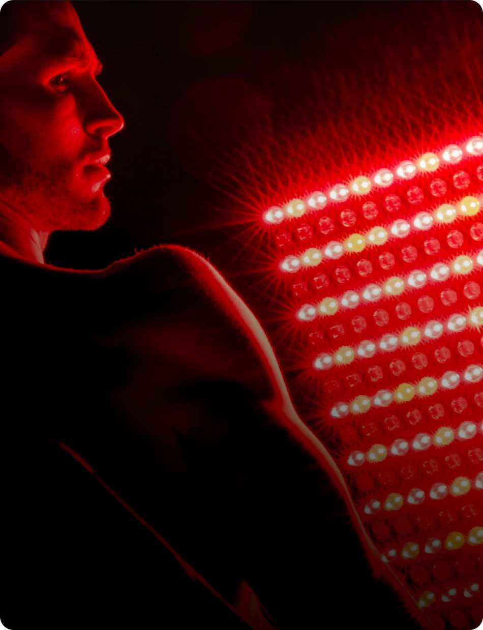 Person receiving LED light therapy on their shoulder with a dark background