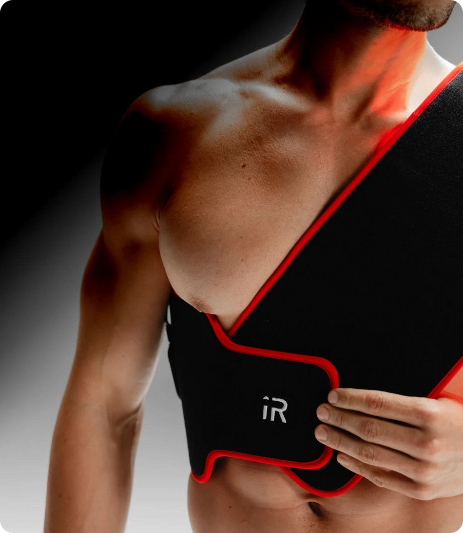 A close-up of a person's torso wearing the flex belt across their chest and shoulder.