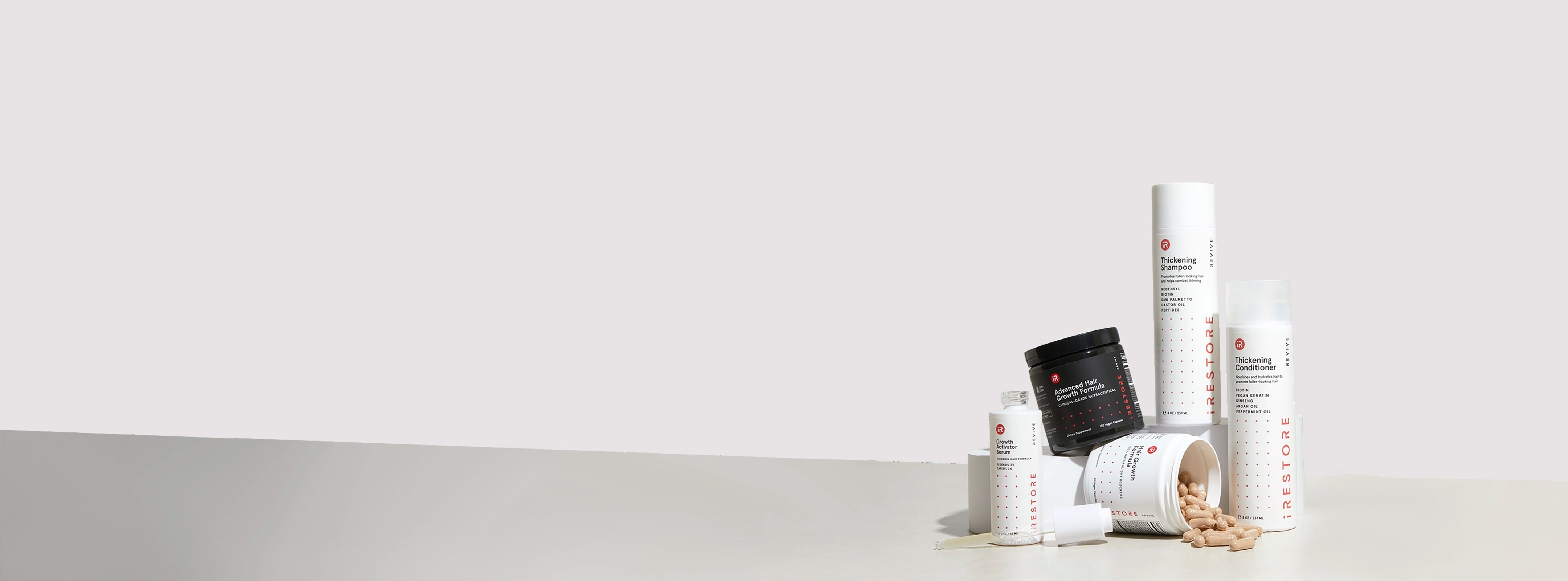 Image banner showing some of the Hair Care Line products which include the Hair Growth Formula, Advanced Hair Growth Formula, Thickening Shampoo and Conditioner and Growth Activator Serum.