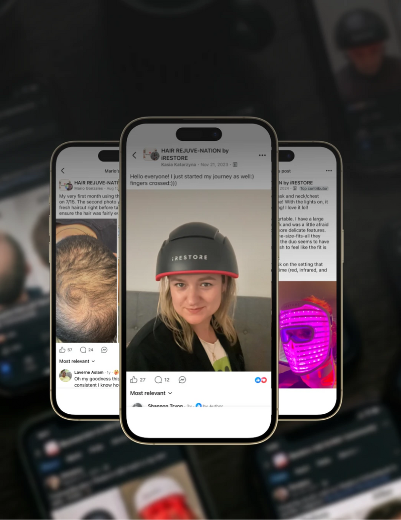 Three smartphones displaying social media posts with a person wearing a irestore elite
