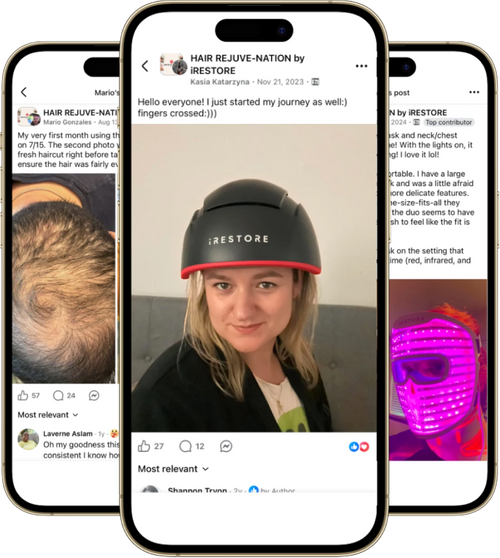 Three smartphones side-by-side displaying Facebook community posts for iRestore.