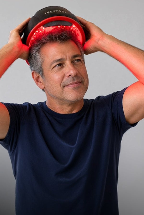Man using a irestore elite on his head against a gray background