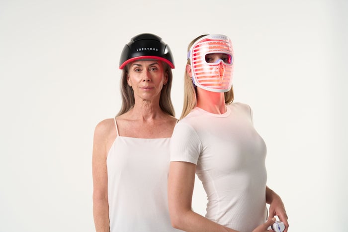 woman wearing iRESTORE Elite and woman wearing Illumina Fae Mask