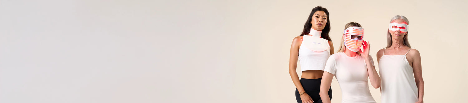Image banner of a women wearing the Illumina Face Mask, Neck & Chest Mask, Eye Mask