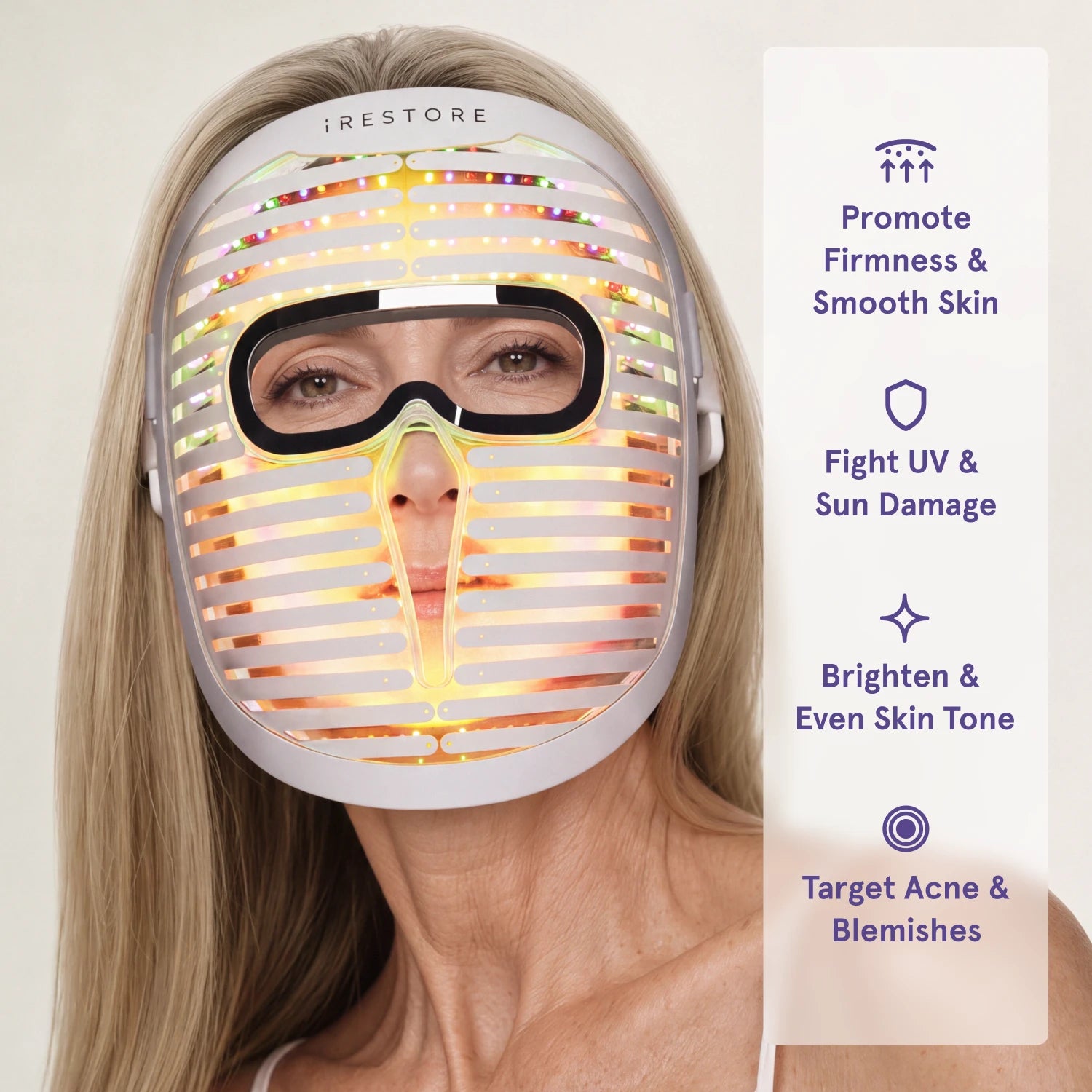 A woman wearing the yellow-glowing Face Mask Pro with product benefits listed alongside, including promoting firmness, fighting sun damage, brightening skin, and targeting acne.