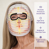 A woman wearing the yellow-glowing Face Mask Pro with product benefits listed alongside, including promoting firmness, fighting sun damage, brightening skin, and targeting acne.