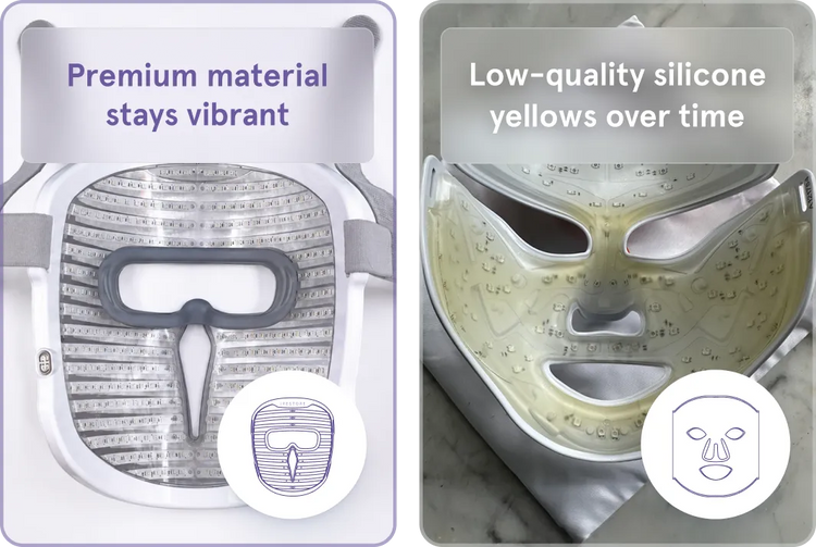 Side-by-side comparison the inside of the face mask pro that stays vibrant on the left versus a yellowed, flexible silicone soft-shell mask on the right.