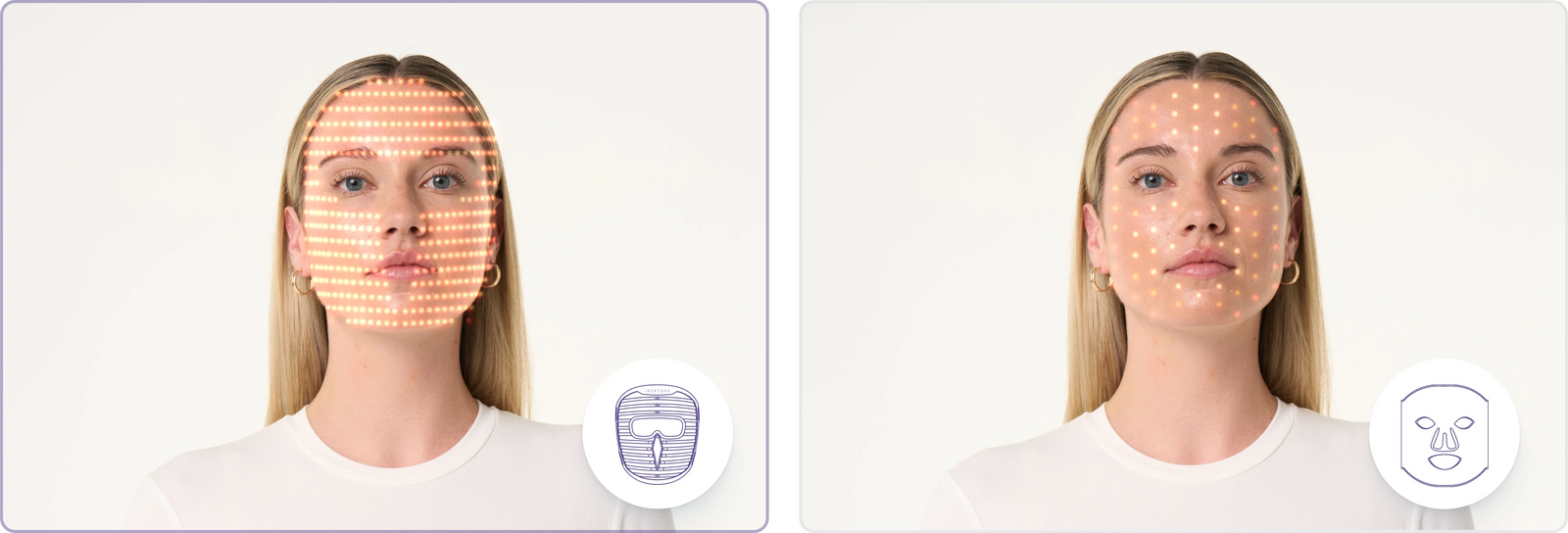 Side-by-side comparison showing dense light coverage grid on a woman's face from the face mask pro on the left versus sparse light points from a competitor mask on the right.
