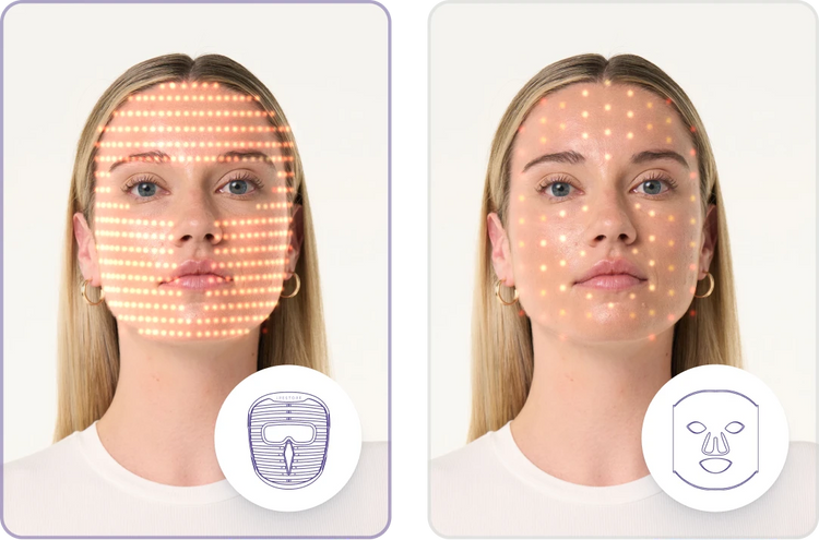 Side-by-side comparison showing dense light coverage grid on a woman's face from the face mask pro on the left versus sparse light points from a competitor mask on the right.