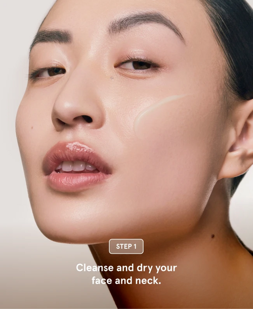 woman's face with clear skin and a trace of serum on her cheek, featuring text labeled 