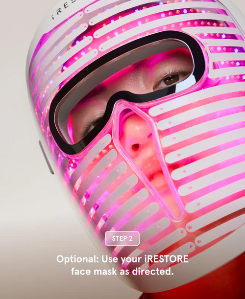 person wearing a glowing face mask pro, accompanied by text labeled 
