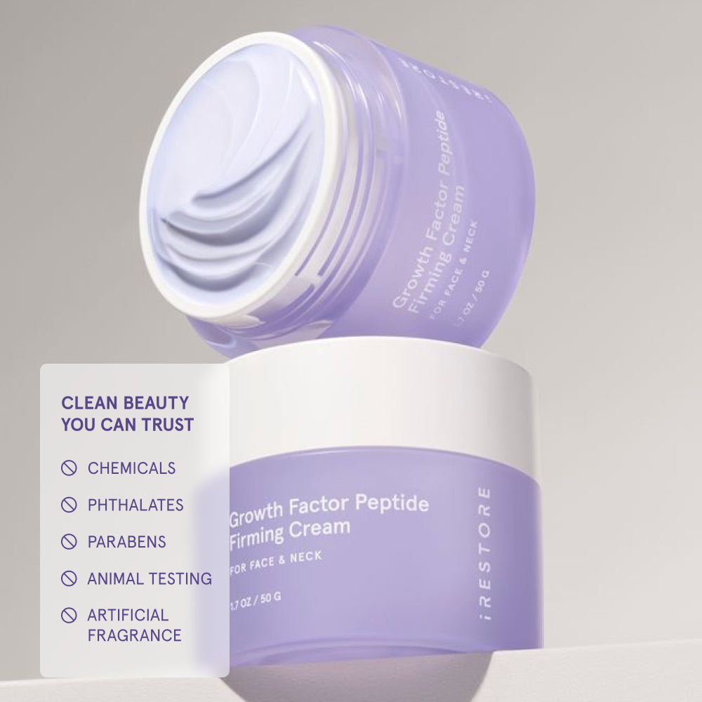 Two jars of Growth Factor Peptide Firming Cream stacked, displaying smooth cream inside, accompanied by a text badge outlining "Clean Beauty You Can Trust" free from chemicals, phthalates, parabens, animal testing, and artificial fragrance.