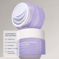 Two jars of Growth Factor Peptide Firming Cream stacked, displaying smooth cream inside, accompanied by a text badge outlining "Clean Beauty You Can Trust" free from chemicals, phthalates, parabens, animal testing, and artificial fragrance.