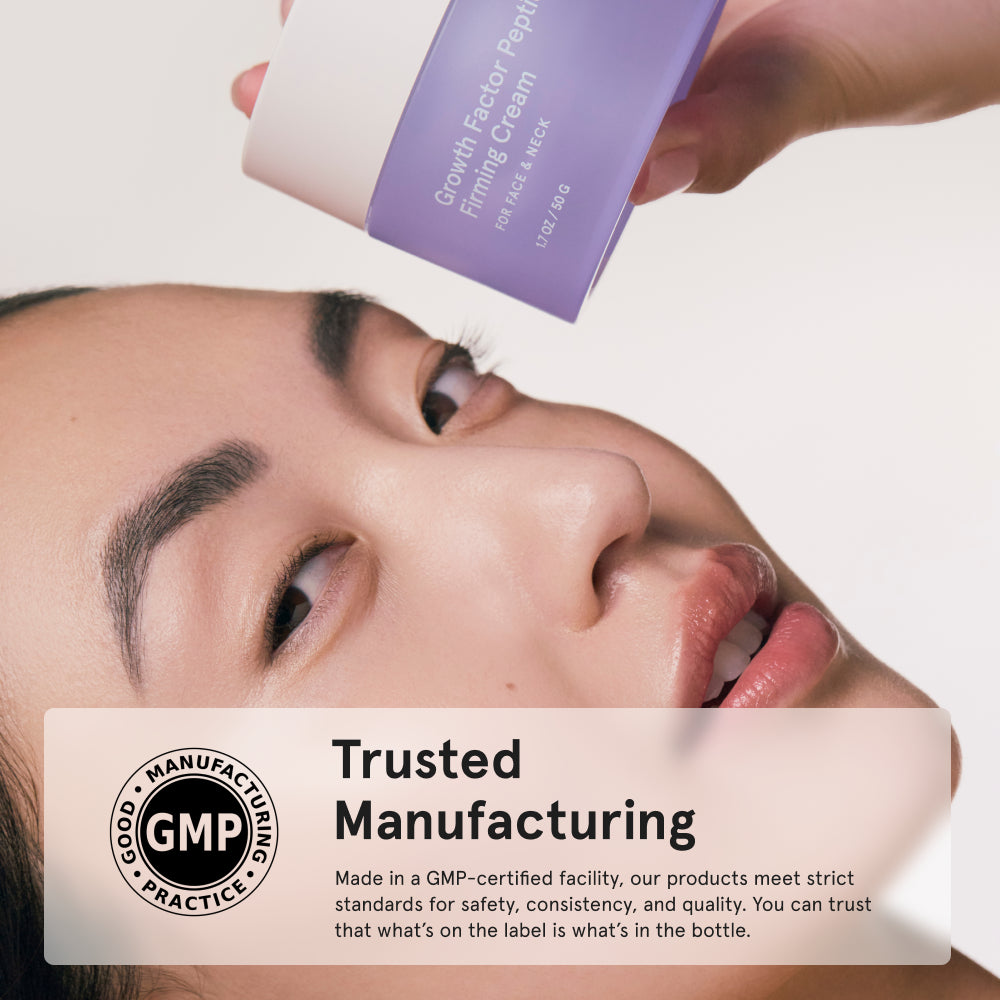 A woman holding up a jar of Growth Factor Peptide Firming Cream held above her face, with a overlay badge highlighting "Trusted Manufacturing" and GMP certification.