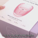 Woman unboxing the iRESTORE LED face mask and explaining the different LED lights available on the device