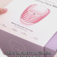 Woman unboxing the iRESTORE LED face mask and explaining the different LED lights available on the device