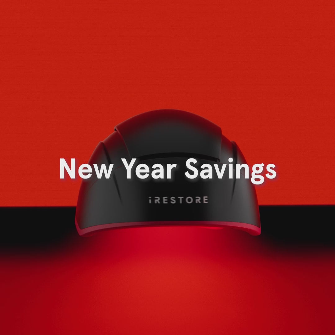 New Year Savings, regrow hair naturally in 3 months, doctor-backed red light laser technology, try irestore with a 365-day trial